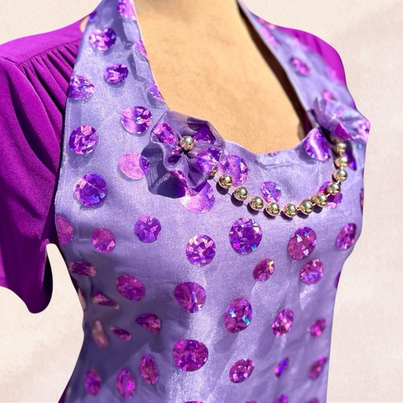 Handmade‎ Hostess Apron Purple Sequin Print Tie Back Faux Gold Bead Necklace OS - Picture 3 of 12